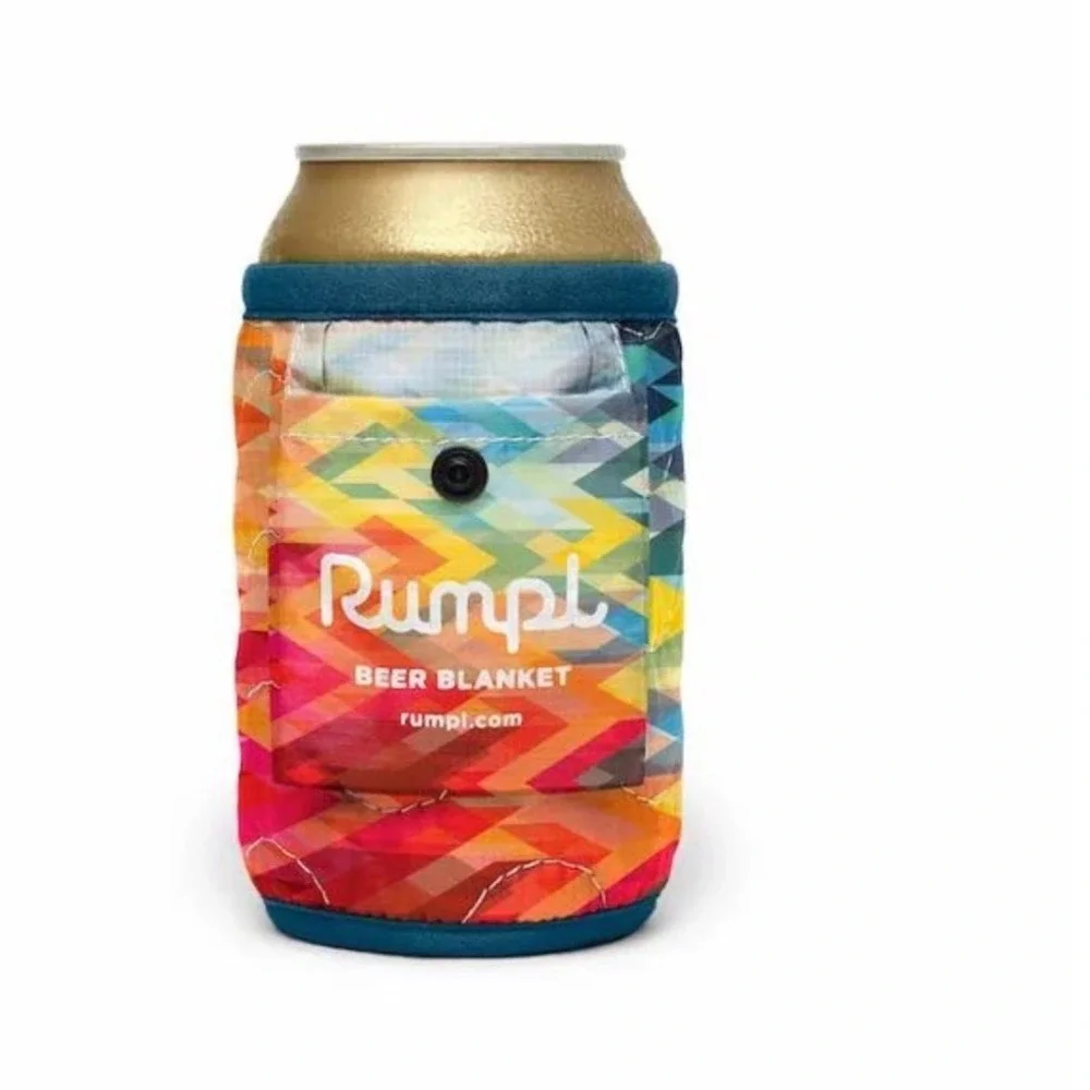 Rumpl Beer Blanket Set of 2 Insulated Can Koozies Navy & Rainbow Geometric Puffy